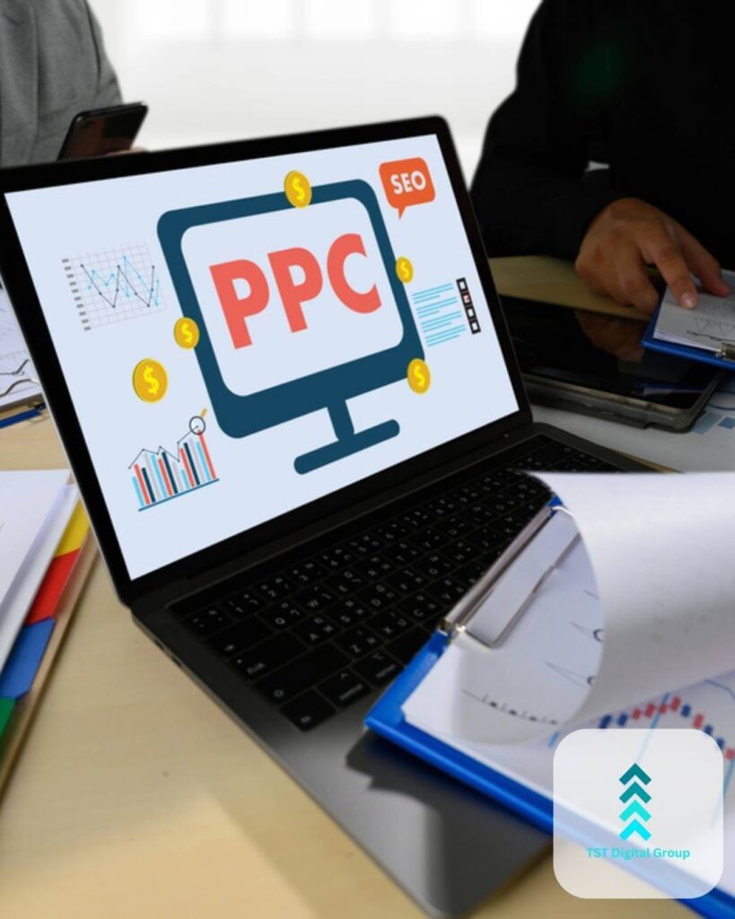 Laptop screen displaying ‘PPC,’ highlighting data-driven PPC campaign management and digital marketing solutions by TST Digital Agency in Terrell Hills, Texas.