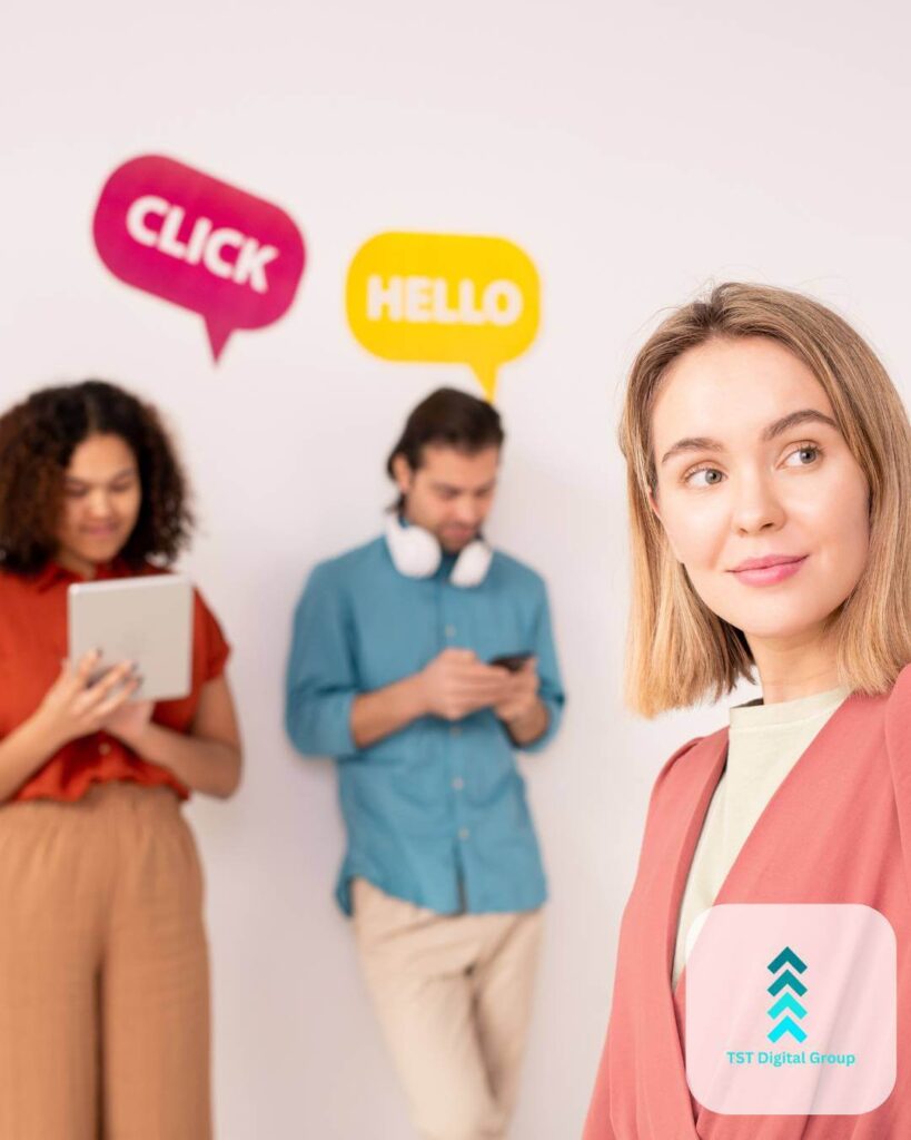 Woman in front with two colleagues and speech bubbles saying ‘Click’ and ‘Hello,’ highlighting PPC advertising and digital marketing management by TST Digital Agency in Schertz, Texas near San Antonio.