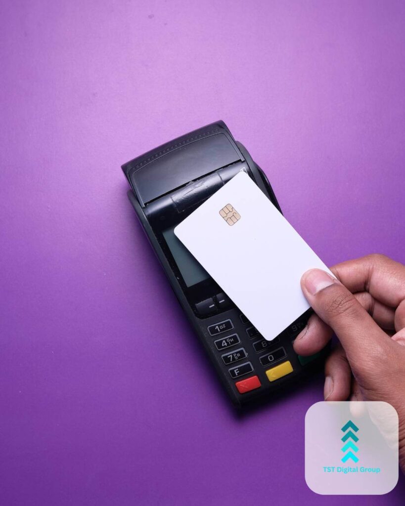 Credit card being tapped on a payment terminal, representing data-driven PPC advertising and digital marketing services by TST Digital Agency in Olmos Park, San Antonio, Texas.