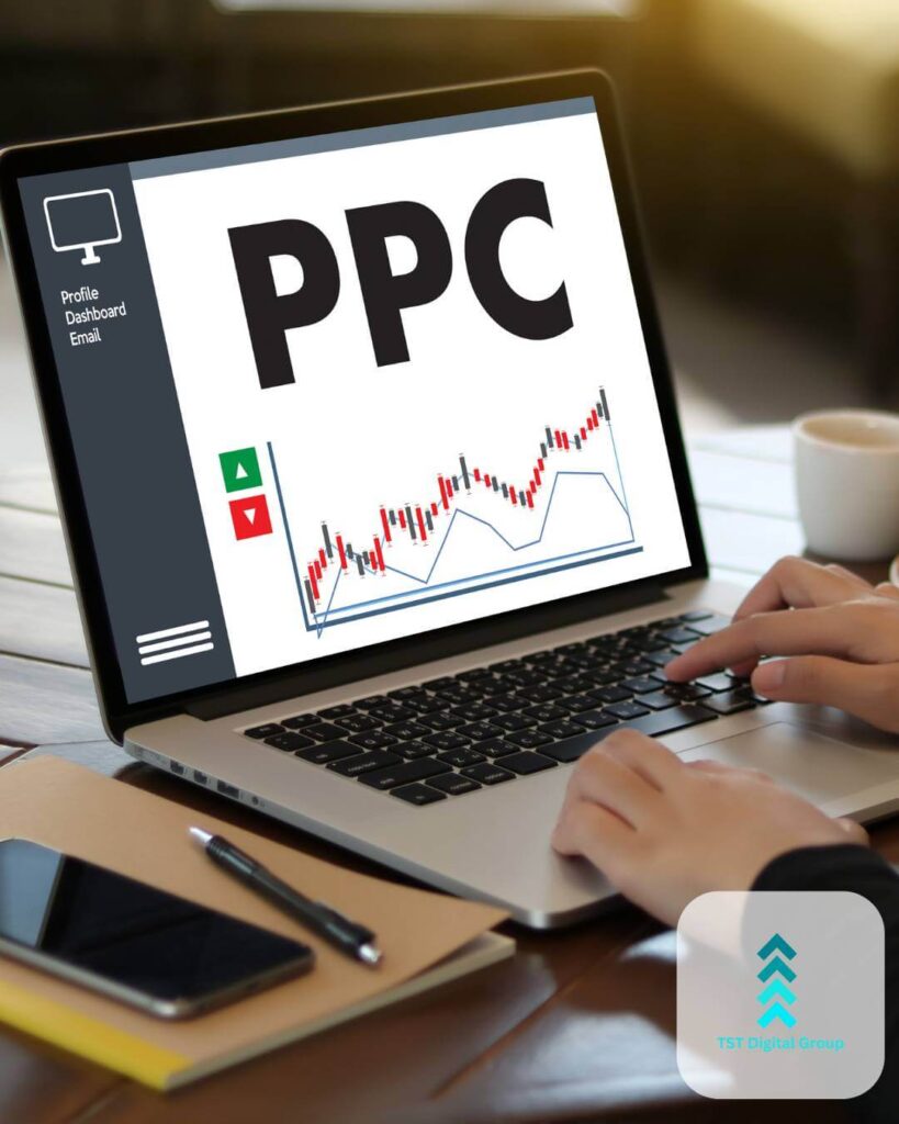 Laptop displaying a PPC chart, highlighting online advertising management services, digital marketing, and PPC management by TST Digital Agency in Universal City, San Antonio, Texas