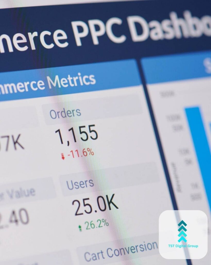 Ecommerce PPC dashboard with order and user metrics, representing online PPC management and consulting by TST Digital Agency in Olmos Park, San Antonio, Texas.