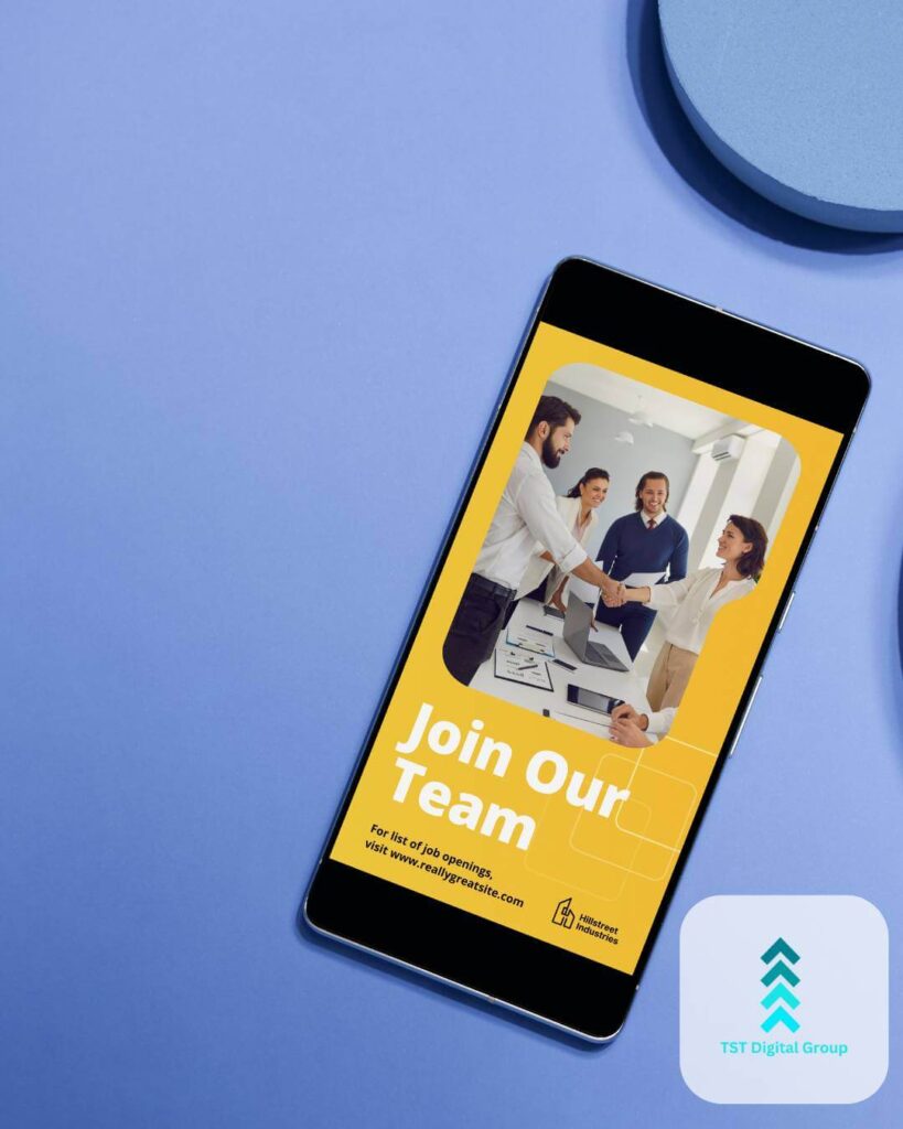 Smartphone displaying a 'Join Our Team' ad with professionals shaking hands, highlighting pay-per-click management and digital PPC advertising by TST Digital Agency in San Antonio, Texas near Universal City