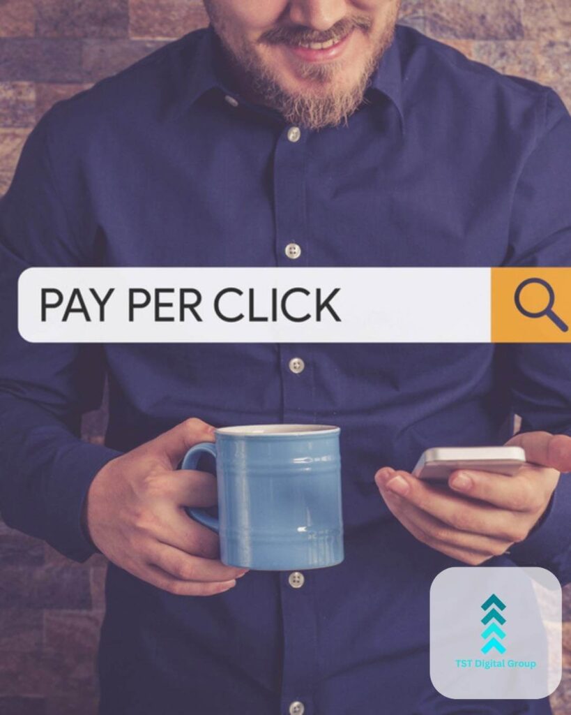 Man checking his phone, with a ‘Pay Per Click’ search bar, symbolizing PPC advertising and digital management services by TST Digital Agency in Schertz, Texas near San Antonio.