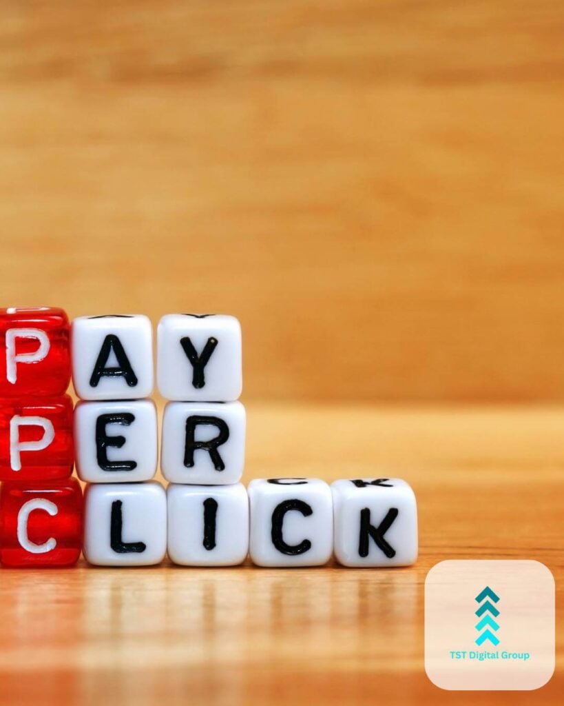 Dice blocks spelling out ‘Pay Per Click,’ representing PPC campaign management and online advertising services by TST Digital Agency in Schertz, Texas.