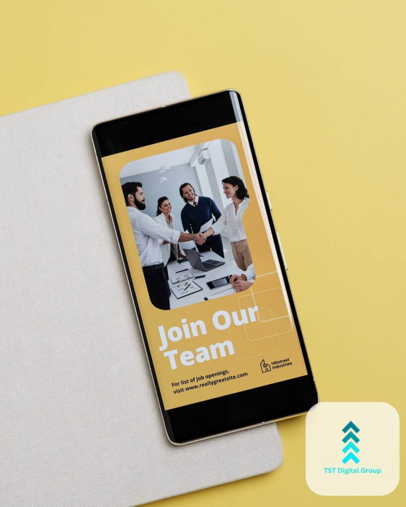 Smartphone displaying a ‘Join Our Team’ ad with professionals, representing PPC management and digital marketing solutions by TST Digital Agency in Leon Valley, San Antonio, Texas.