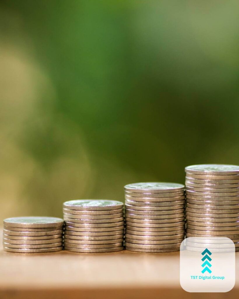 Stacks of coins illustrating potential ROI growth through PPC management and digital marketing services by TST Digital Agency in Schertz, near San Antonio, Texas.