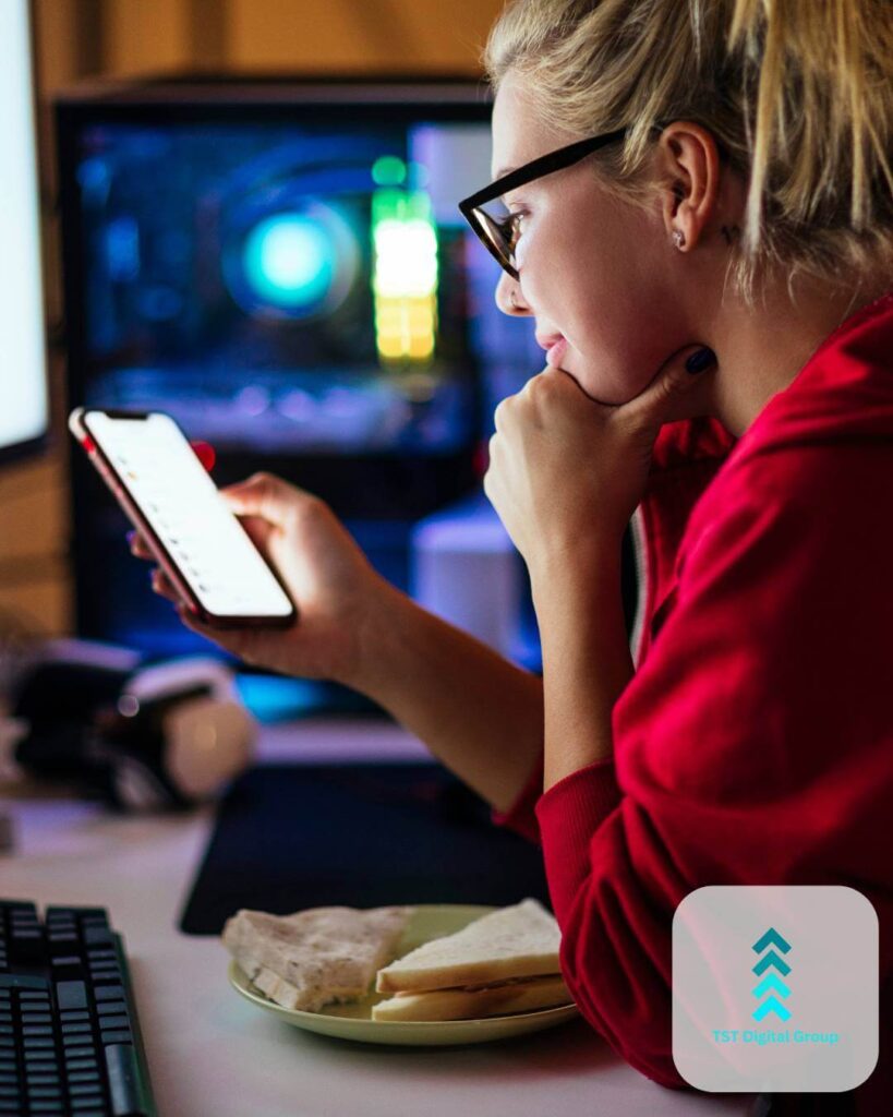 Woman browsing PPC management services near me, highlighting digital marketing and PPC agency solutions by TST Digital Agency in San Antonio, Texas near Universal City