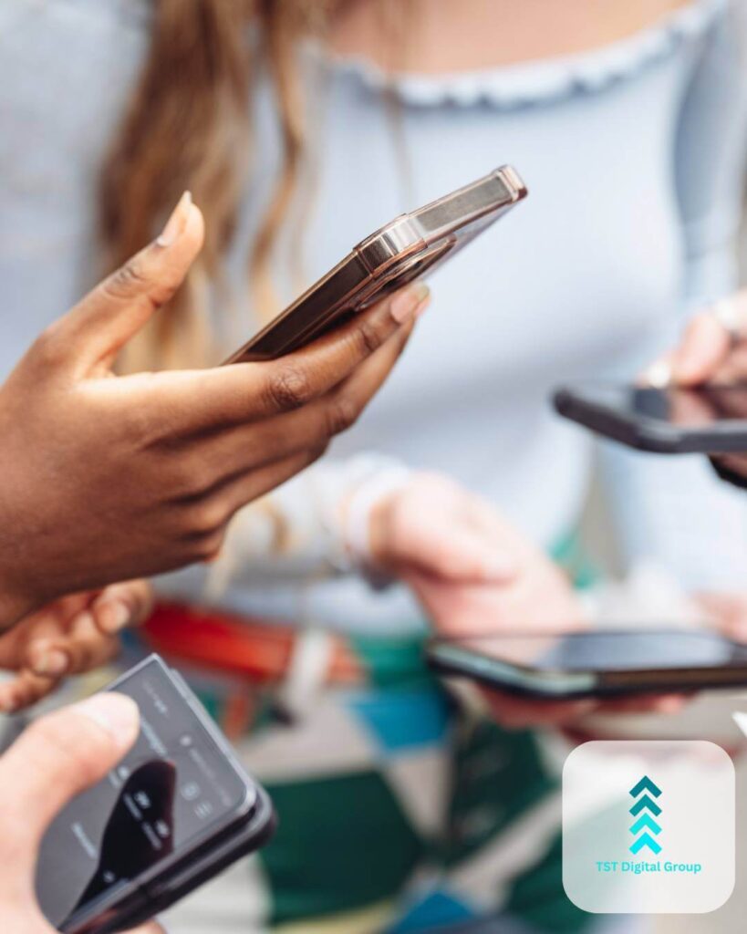 Group of people on smartphones, representing PPC marketing management and online advertising services by TST Digital Agency in San Antonio, Texas near Helotes.