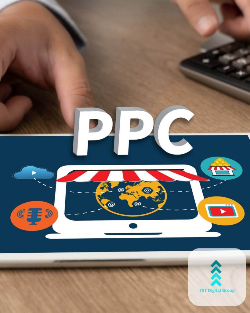 Tablet screen with ‘PPC’ and global marketing icons, representing PPC marketing management, digital PPC services, and paid search management by TST Digital Agency in Selma, Texas.