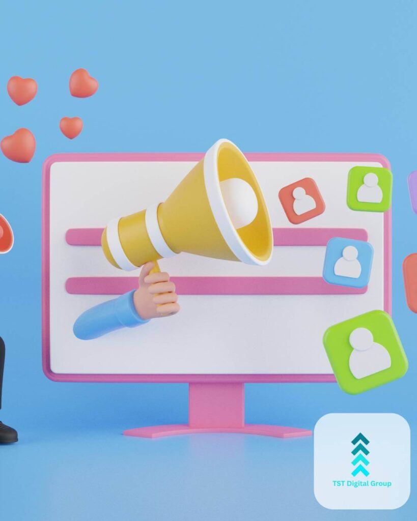 3D illustration of a screen with a megaphone and floating social icons, representing PPC services, pay-per-click management, and digital marketing by TST Digital Agency in Terrell Hills, Texas.